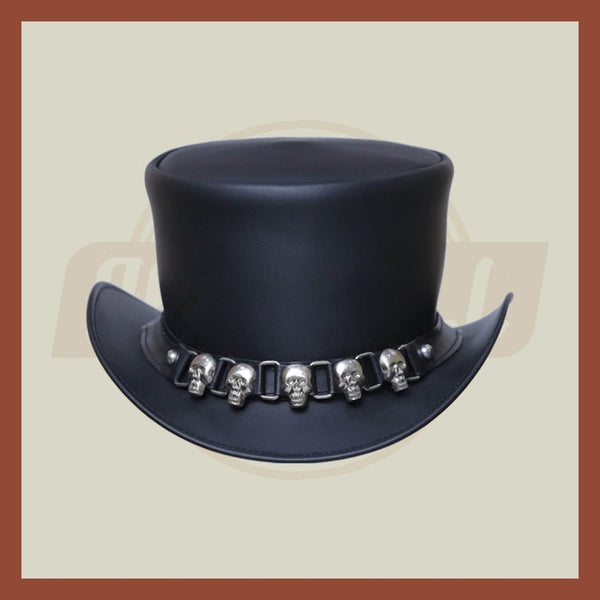 Black Leather Skull & Skulls D Band Steampunk Top Hat Motorcycle Rider Biker - LEATHER CHAPTER