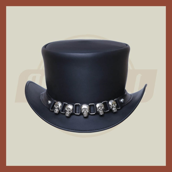 Black Leather Skull & Skulls D Band Steampunk Top Hat Motorcycle Rider Biker - LEATHER CHAPTER