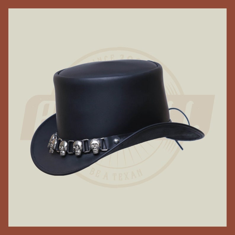 Black Leather Skull & Skulls D Band Steampunk Top Hat Motorcycle Rider Biker - LEATHER CHAPTER