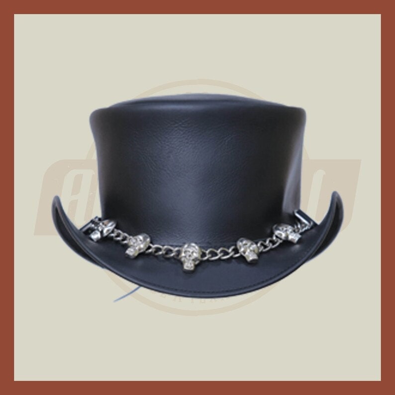 Skull And Chain band Motorcycle Biker Rider Leather Black Steampunk Top Hat - LEATHER CHAPTER