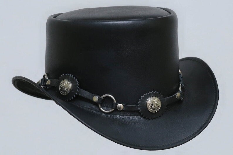 Steampunk El Dorado The Swagger Black Flower Concho Band Leather Top Hat - LEATHER CHAPTER
