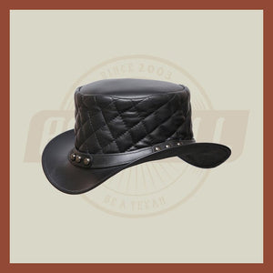 Men’s Leather Steampunk Plain Motorcycle Side Bead Band Biker Quilted Top Hat- Black Leather Hat, Leather Top Hat - LEATHER CHAPTER