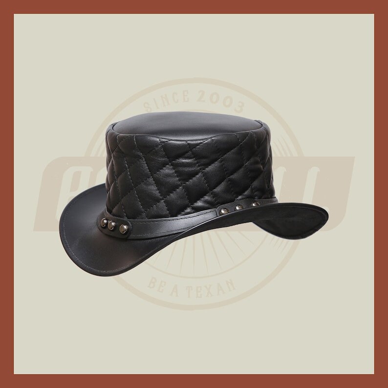 Men’s Leather Steampunk Plain Motorcycle Side Bead Band Biker Quilted Top Hat- Black Leather Hat, Leather Top Hat - LEATHER CHAPTER