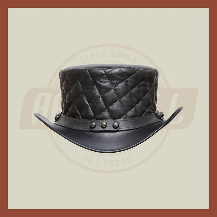 Men’s Leather Steampunk Plain Motorcycle Side Bead Band Biker Quilted Top Hat- Black Leather Hat, Leather Top Hat - LEATHER CHAPTER