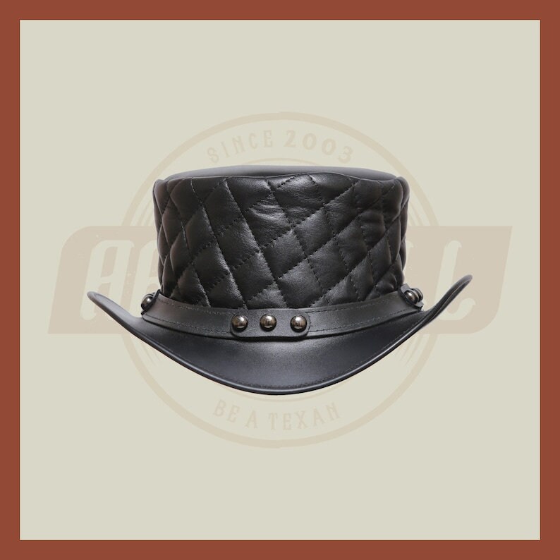 Men’s Leather Steampunk Plain Motorcycle Side Bead Band Biker Quilted Top Hat- Black Leather Hat, Leather Top Hat - LEATHER CHAPTER