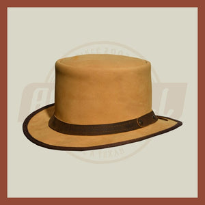Men’s Leather Steampunk Plain Brown Strap Motorcycle Club Biker Top Hat - LEATHER CHAPTER