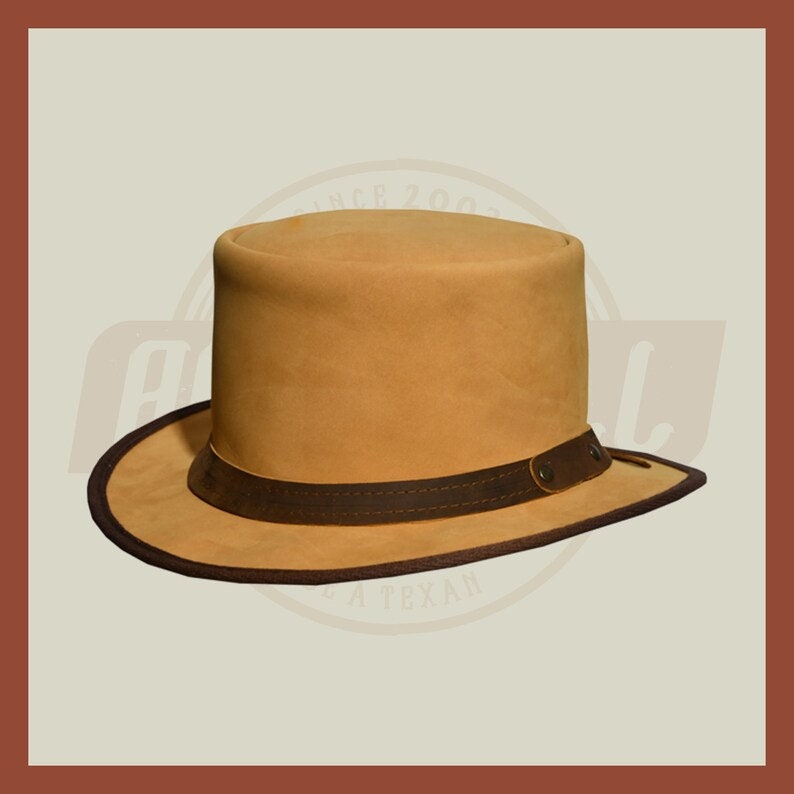 Men’s Leather Steampunk Plain Brown Strap Motorcycle Club Biker Top Hat - LEATHER CHAPTER