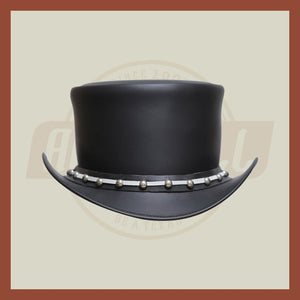 Black And White Contras Band Stutt Steampunk Style Motorcycle Biker Top Hat - LEATHER CHAPTER