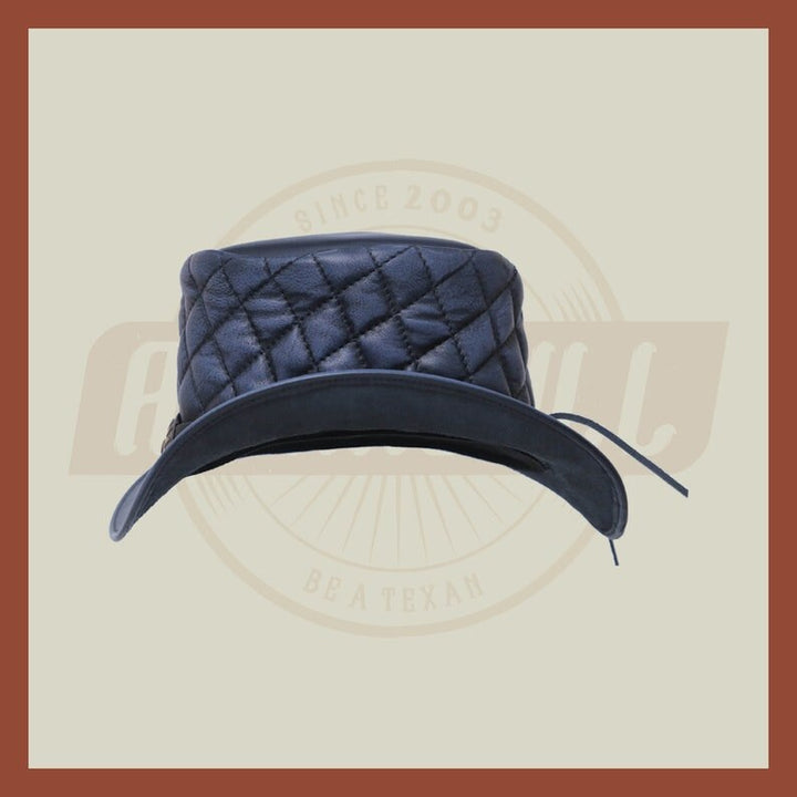 Grey Wax Quilted Vintage Style Band Lases Steampunk Top Hat Motorcycle Rider - LEATHER CHAPTER