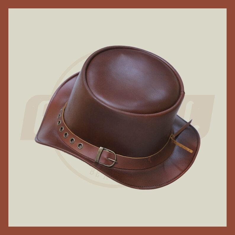 Steampunk Brown leather Ring Chain Buckle Band Top Hat Motorcycle Biker - LEATHER CHAPTER