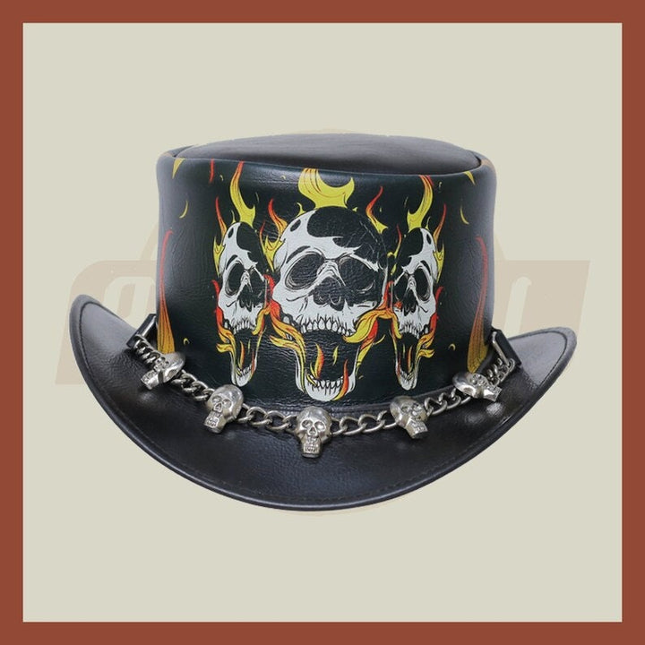 Burning Skull In Hell Leather Skull Chain Band Motorcycle Biker Rider Top Hat - LEATHER CHAPTER