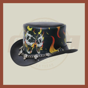 Burning Skull In Hell Leather Skull Chain Band Motorcycle Biker Rider Top Hat - LEATHER CHAPTER