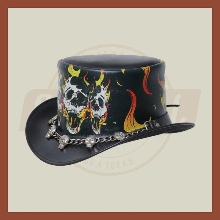 Burning Skull In Hell Leather Skull Chain Band Motorcycle Biker Rider Top Hat - LEATHER CHAPTER