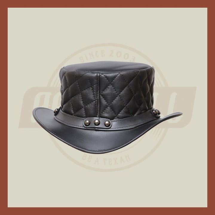 Men’s Leather Steampunk Plain Motorcycle Side Bead Band Biker Quilted Top Hat- Black Leather Hat, Leather Top Hat - LEATHER CHAPTER