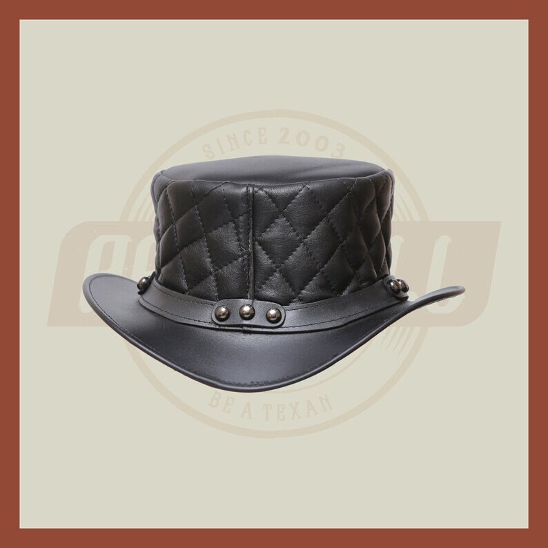 Men’s Leather Steampunk Plain Motorcycle Side Bead Band Biker Quilted Top Hat- Black Leather Hat, Leather Top Hat - LEATHER CHAPTER