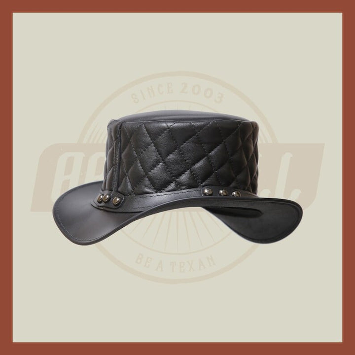 Men’s Leather Steampunk Plain Motorcycle Side Bead Band Biker Quilted Top Hat- Black Leather Hat, Leather Top Hat - LEATHER CHAPTER