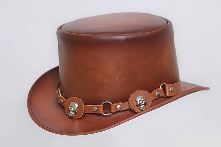 Mens Leather Cowhide Biker Steampunk Deadman Top Hat, El Dorado Motorcycle Hat HANDAMDE TOP HAT - LEATHER CHAPTER