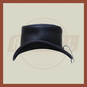 Handmade Steampunk Simple Plain Band Leather Black Motorcycle Rider Biker Top hat, Black Leather Top Hat - LEATHER CHAPTER