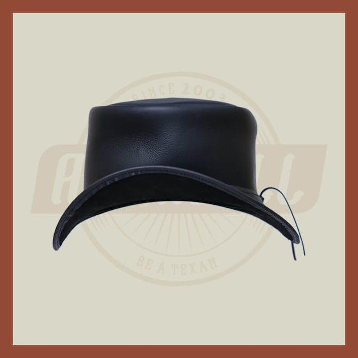 Handmade Steampunk Simple Plain Band Leather Black Motorcycle Rider Biker Top hat, Black Leather Top Hat - LEATHER CHAPTER
