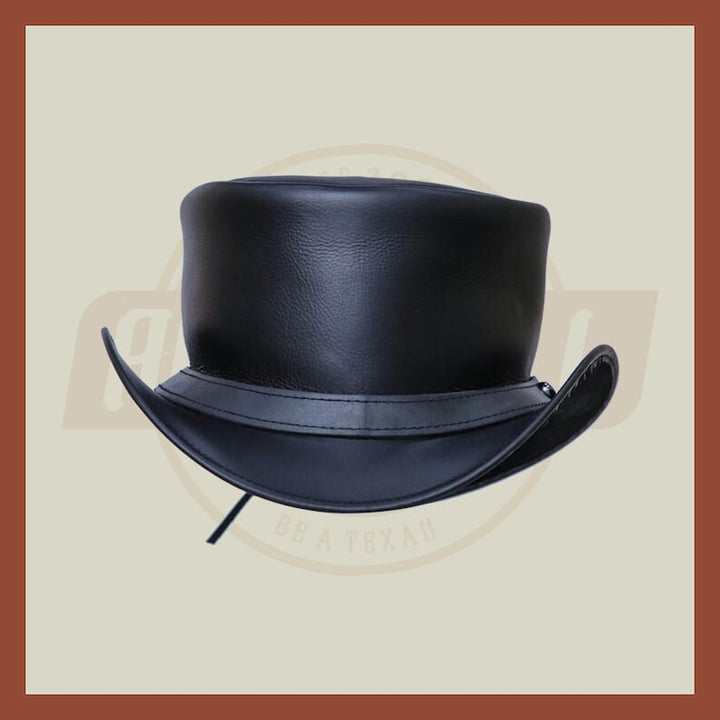 Handmade Steampunk Simple Plain Band Leather Black Motorcycle Rider Biker Top hat, Black Leather Top Hat - LEATHER CHAPTER