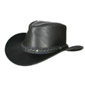 Black Leather Cowboy Hat, Australian Outback Hat With Wide Brim And Braided Leather Band - LEATHER CHAPTER