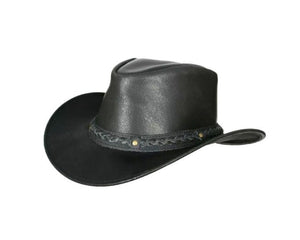 Black Leather Cowboy Hat, Australian Outback Hat With Wide Brim And Braided Leather Band - LEATHER CHAPTER