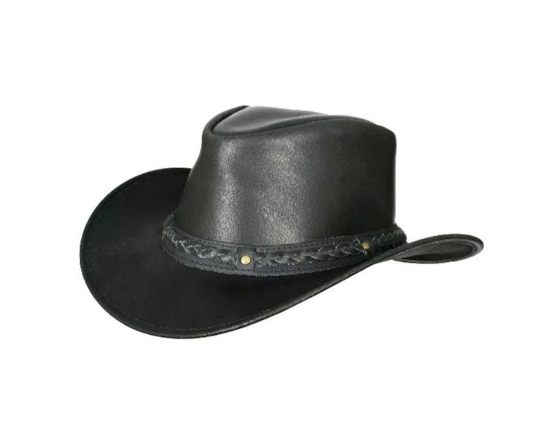 Black Leather Cowboy Hat, Australian Outback Hat With Wide Brim And Braided Leather Band - LEATHER CHAPTER