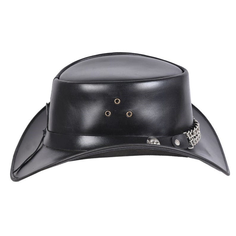 Cowboy Hat Outback Hat Unisex Western-Style Hat For Men Skull Chain Band Black Leather Hat For Women Gift For Him Gift For Her - LEATHER CHAPTER