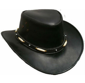 Black Leather Cowboy Hat, Australian Outback Hat With Wide Brim And Beaded Band. make one description for one title - LEATHER CHAPTER