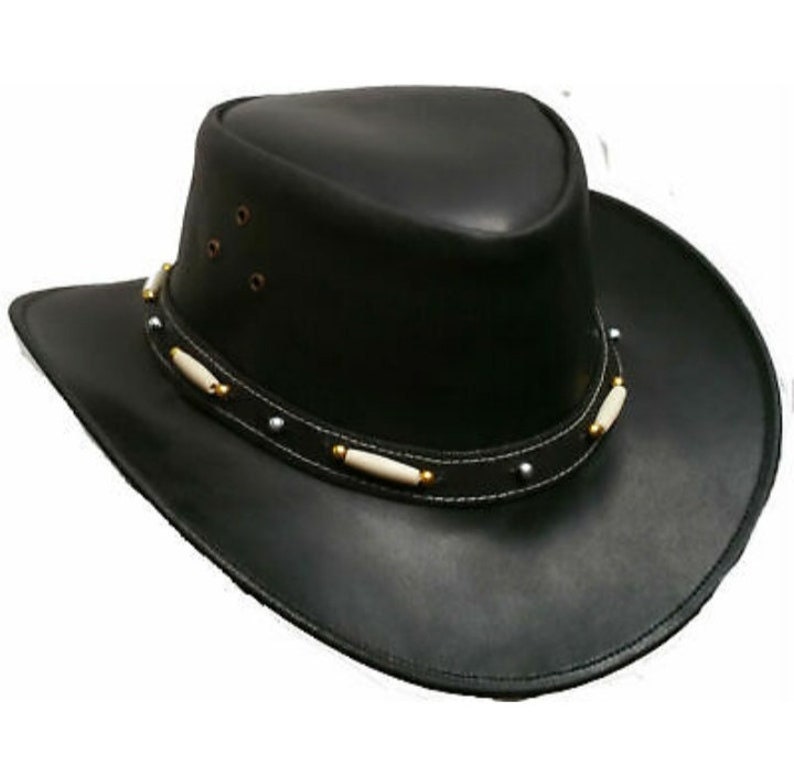Black Leather Cowboy Hat, Australian Outback Hat With Wide Brim And Beaded Band. make one description for one title - LEATHER CHAPTER