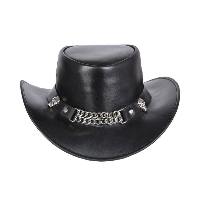 Cowboy Hat Outback Hat Unisex Western-Style Hat For Men Skull Chain Band Black Leather Hat For Women Gift For Him Gift For Her - LEATHER CHAPTER