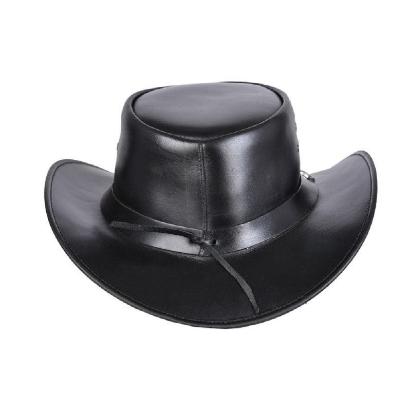 Cowboy Hat Outback Hat Unisex Western-Style Hat For Men Skull Chain Band Black Leather Hat For Women Gift For Him Gift For Her - LEATHER CHAPTER