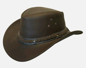 Cowboy Hat Outback Hat Unisex Western-Style Hat For Men Breaded Band Brown Leather Hat For Women Gift For Him Gift For Her - LEATHER CHAPTER