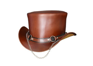 Steampunk Hat El Dorado Top Hat SR2 Band Brown Leather Hat Motorcyclists Hat Biker Hat Gift For Her Gift For Him - LEATHER CHAPTER