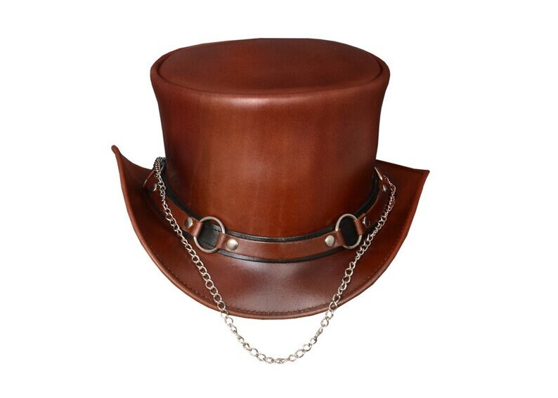 Steampunk Hat El Dorado Top Hat SR2 Band Brown Leather Hat Motorcyclists Hat Biker Hat Gift For Her Gift For Him - LEATHER CHAPTER