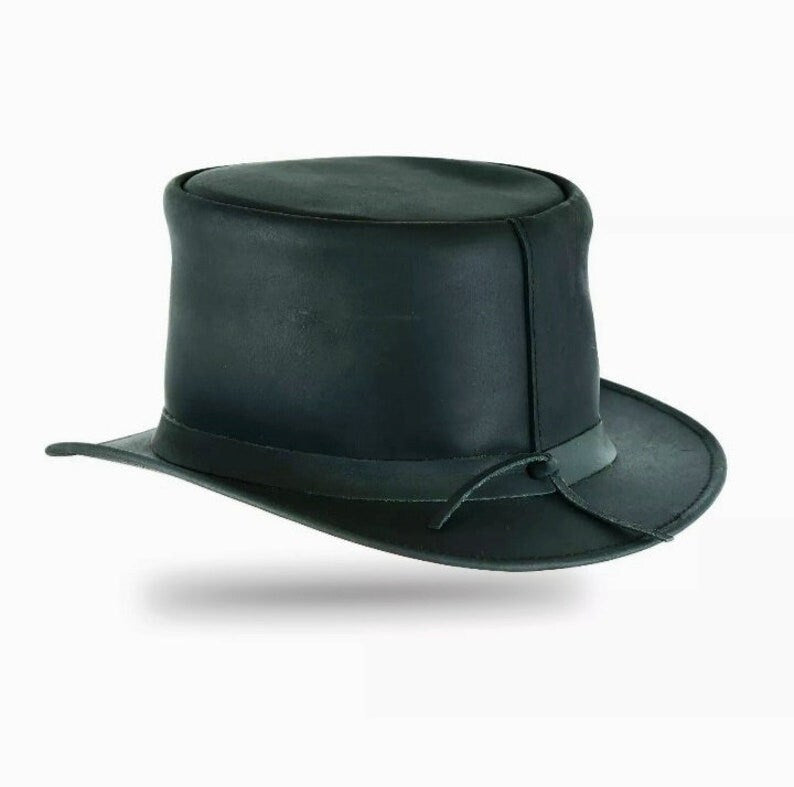 EI Dorado Top Hat Black Leather Top Hat With Simple Band Steampunk Leather Hat Motorcyclists Hat Biker Hat Magician Hat Gift For Her - LEATHER CHAPTER