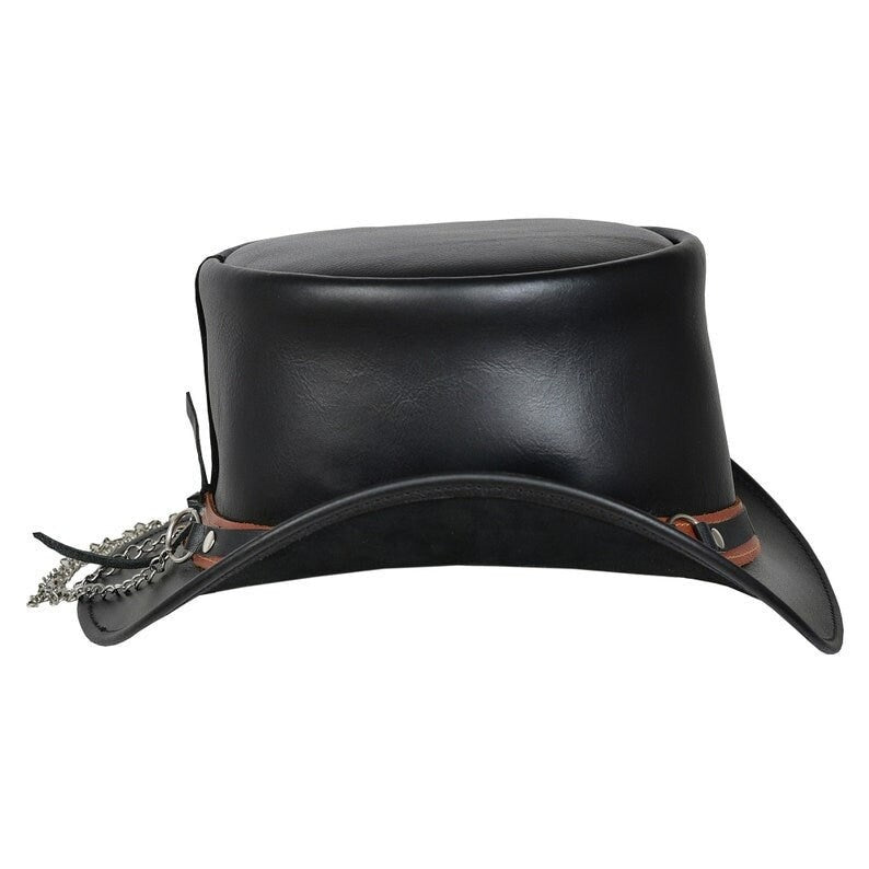 Steampunk Hat El Dorado Top Hat With Simple Band & Feathers Black Leather Top Hat Steampunk Hat Biker Hat Motorcyclist Hat - LEATHER CHAPTER