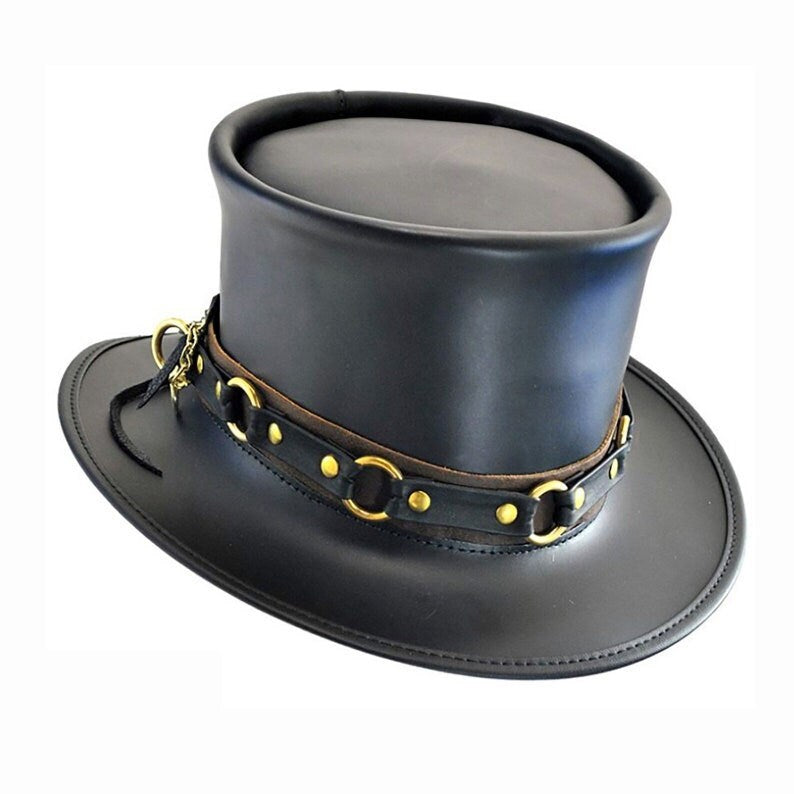 Steampunk Hat Black Leather Top Hat SR2 Band El Dorado Top Hat Bikers Hat Motorcyclists Hat - LEATHER CHAPTER