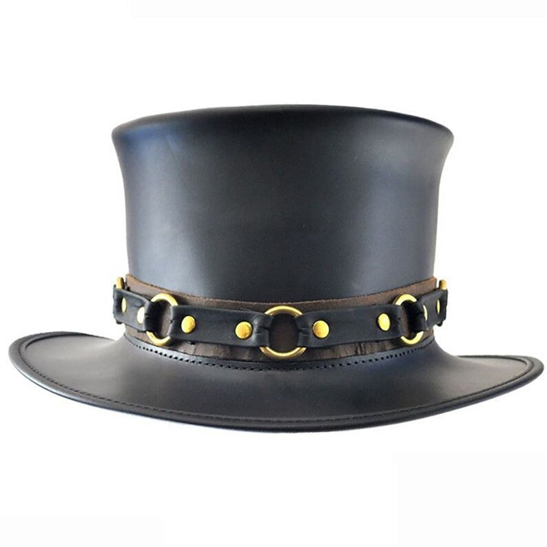 Steampunk Hat Black Leather Top Hat SR2 Band El Dorado Top Hat Bikers Hat Motorcyclists Hat - LEATHER CHAPTER