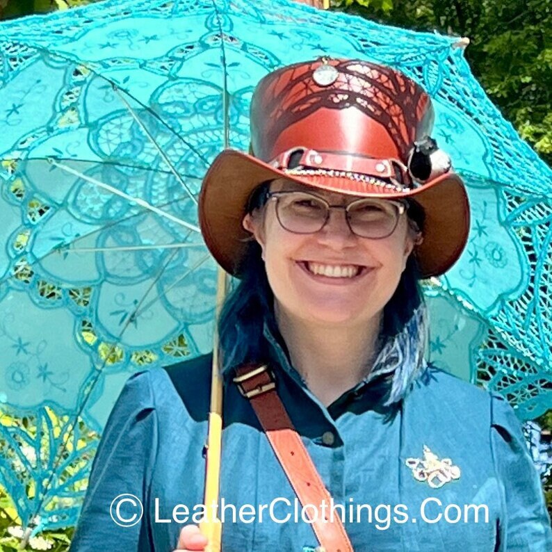 Steampunk Hat El Dorado Top Hat SR2 Band Brown Leather Hat Motorcyclists Hat Biker Hat Gift For Her Gift For Him - LEATHER CHAPTER