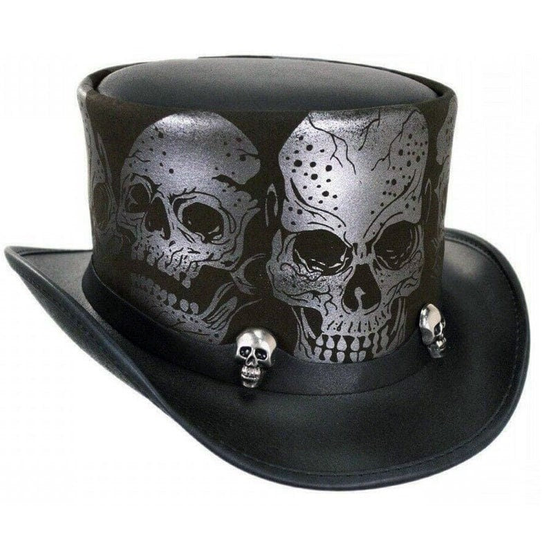 hand Made Top Hat Biker Motorcycle Rider Leather Hat Skull in Silver New with Tags Steampunk - LEATHER CHAPTER
