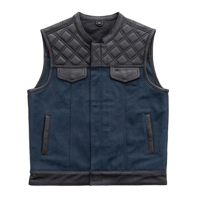 HANDMADE Men's Club Style Leather Denim Vest Stinger Hunt Club Vest Biker Blue Vest Leather Build Denim Style Rider Concealed Carry gifts - LEATHER CHAPTER