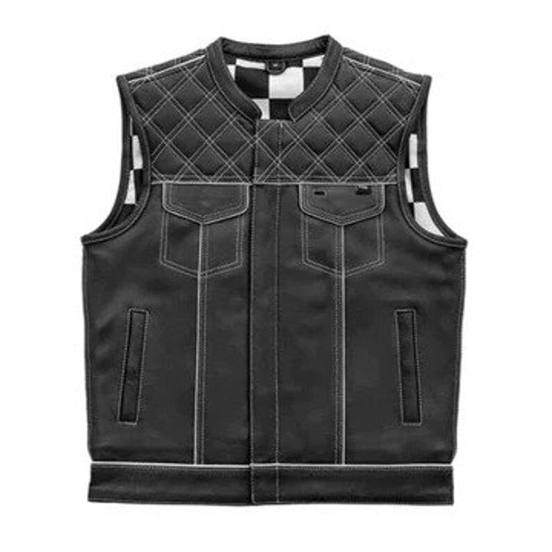 Style Diamond stitched Braided Black Checker Men's Club Motorcycle Concealed Carry Leather Biker Vest, Gift, Biker Gifts for him - LEATHER CHAPTER