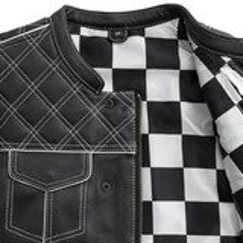 Style Diamond stitched Braided Black Checker Men's Club Motorcycle Concealed Carry Leather Biker Vest, Gift, Biker Gifts for him - LEATHER CHAPTER