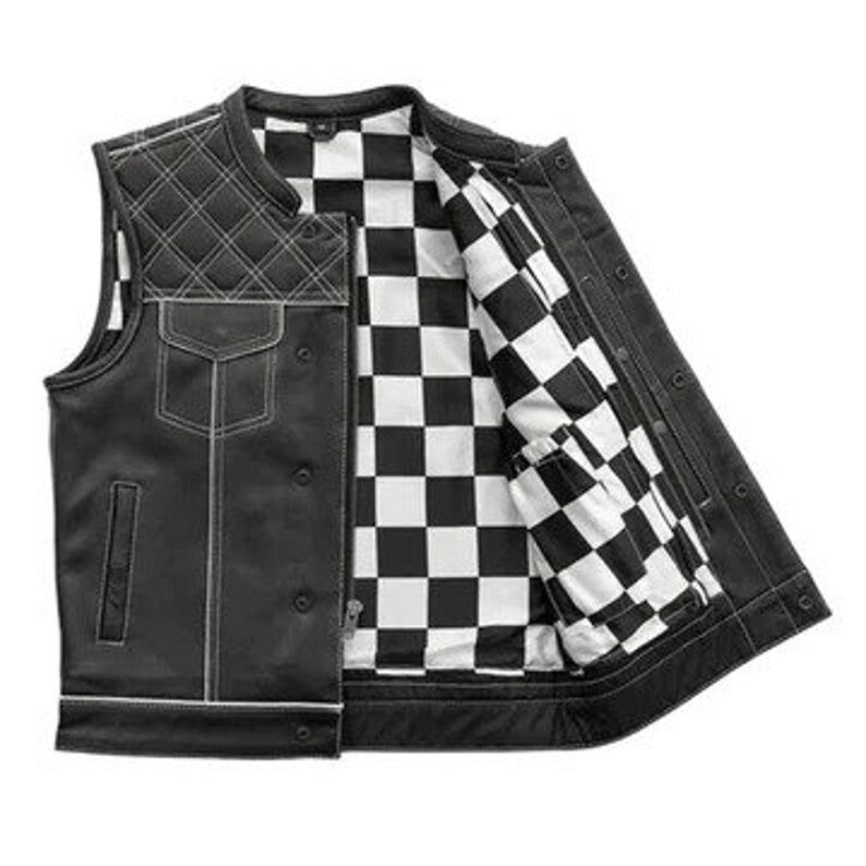Style Diamond stitched Braided Black Checker Men's Club Motorcycle Concealed Carry Leather Biker Vest, Gift, Biker Gifts for him - LEATHER CHAPTER