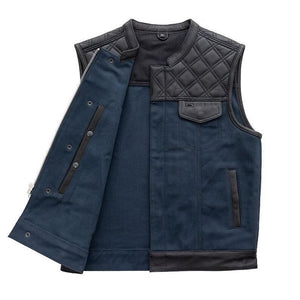 HANDMADE Men's Club Style Leather Denim Vest Stinger Hunt Club Vest Biker Blue Vest Leather Build Denim Style Rider Concealed Carry gifts - LEATHER CHAPTER