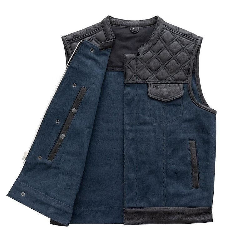 HANDMADE Men's Club Style Leather Denim Vest Stinger Hunt Club Vest Biker Blue Vest Leather Build Denim Style Rider Concealed Carry gifts - LEATHER CHAPTER