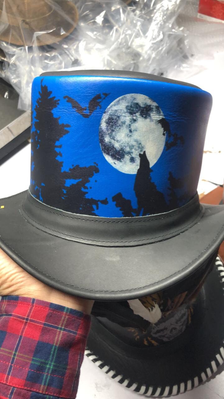 Halloween Wolf Night Steampunk Black Leather Top hat Biker Motorcycle Rider Gothic Hat - LEATHER CHAPTER