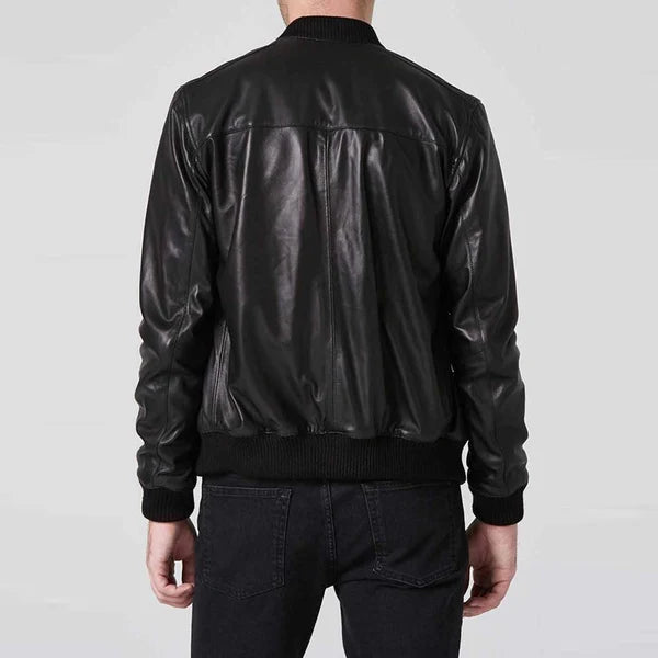 Men's Black Leather Bomber Jacket Double Zipper