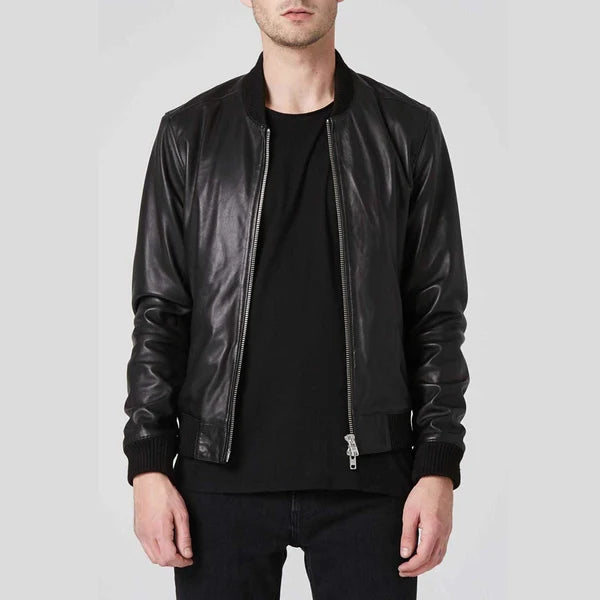 Men's Black Leather Bomber Jacket Double Zipper